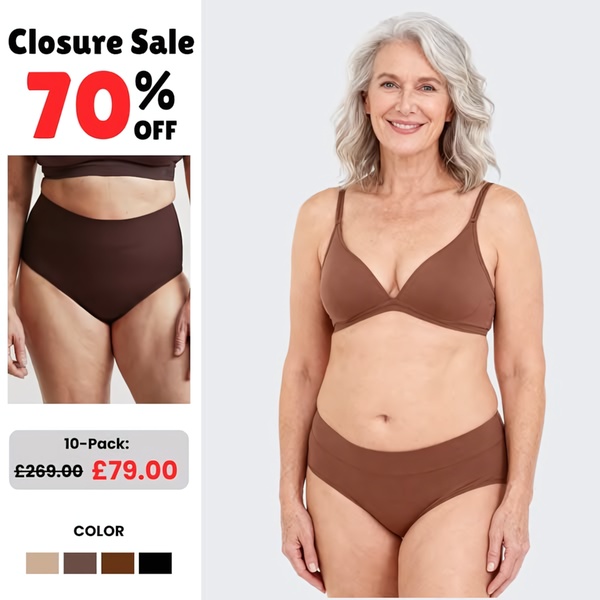 A direct-response 1:1 square ad featuring a 70% off discount banner, product imagery of a bra and panty set, and clear price anchoring.